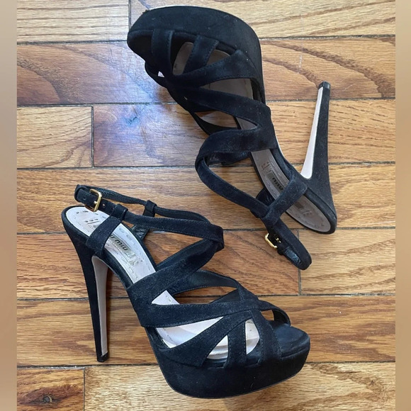 Miu Miu  Black Suede Platform Crisscross Sandal Heels, size 36 - Picture 3 of 12
